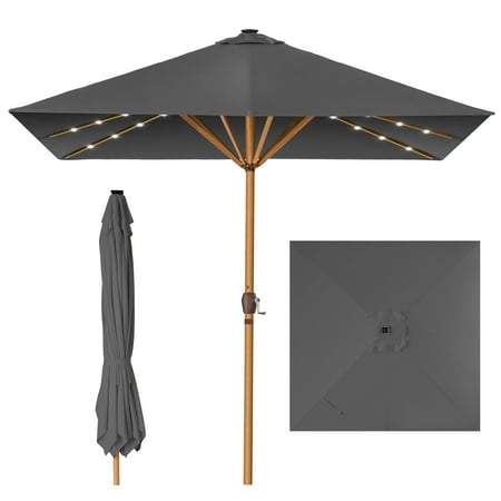 Best Choice Products 9ft Deep Square Solar LED Lighted Patio Umbrella w/ Woodgrain Pattern, UV-Resistant - Gray