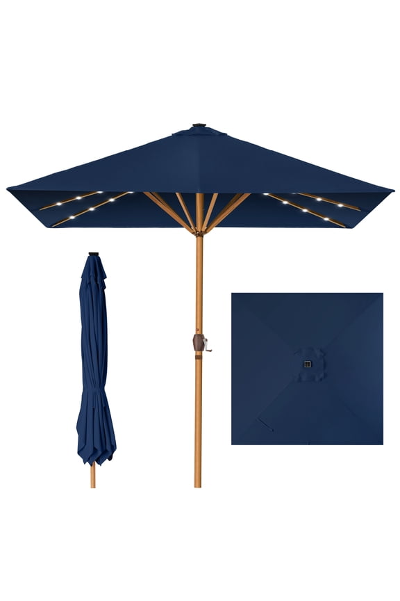9ft Deep Square Solar LED Lighted Patio Umbrella w/ Woodgrain Pattern, UV-Resistant - Navy Blue