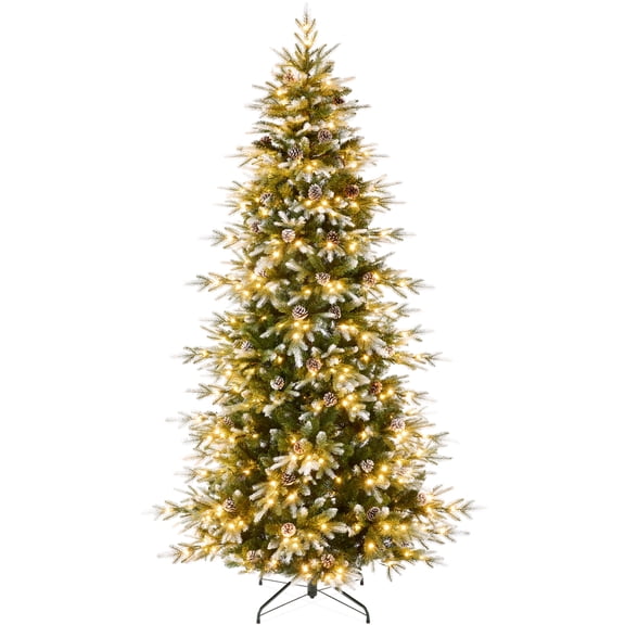 Best Choice Products 9ft Pre-Lit Flocked Slim Aspen Noble Fir Christmas Tree w/ 3,088 Branch Tips, 600 LED Lights