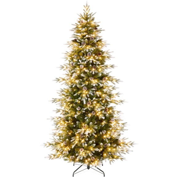 Best Choice Products 9ft Pre-Lit Flocked Slim Aspen Noble Fir Christmas Tree w/ 3,088 Branch Tips, 600 LED Lights