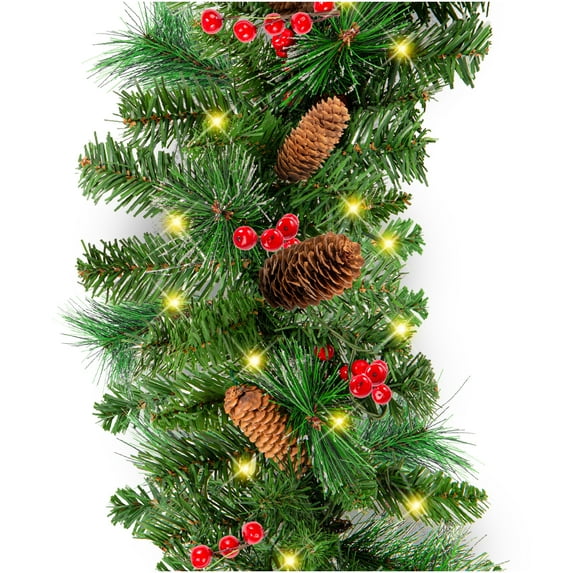 Best Choice Products 9ft Pre-Lit Christmas Garland w/ 50 LED Lights, Pine Cones, Berries