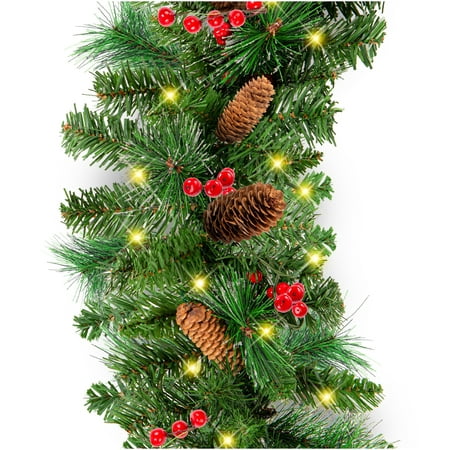 Best Choice Products 9ft Pre-Lit Pre-Decorated Garland w/ PVC Branch Tips, 50 Lights, Pine Cones, Berries - Unflocked