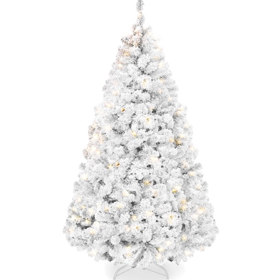 Best Choice Products 9ft Pre-Lit White Christmas Pine Tree w/ Flocked Branches, 900 Warm White Lights