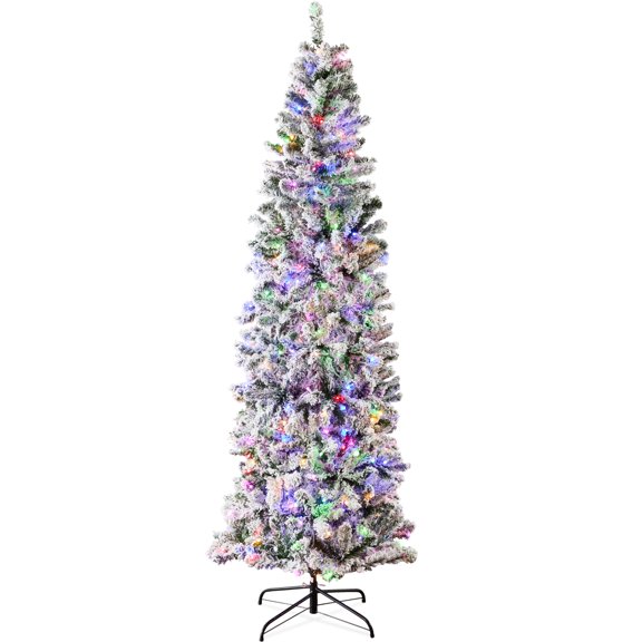 Best Choice Products 9ft Prelit Artificial Snow Flocked Pencil Christmas Tree 500 Multicolored/ Warm-White Light Modes