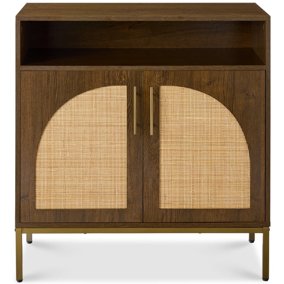 Best Choice Products Arched 2-Door Rattan Cabinet, Sideboard, Buffet, w/ Cord Cutout, Adjustable Storage Shelf - Brown