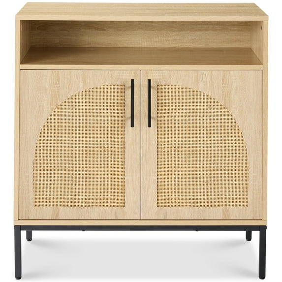 Best Choice Products Arched 2-Door Rattan Cabinet, Sideboard, Buffet, w/ Cord Cutout, Adjustable Storage Shelf - Natural