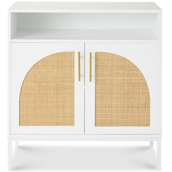 Best Choice Products Arched 2-Door Rattan Cabinet, Sideboard, Buffet, w/ Cord Cutout, Adjustable Storage Shelf - White