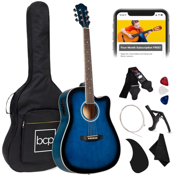 Best Choice Products Beginner Acoustic Electric Guitar Starter Set 41in w/ All Wood Cutaway Design, Case - Blue