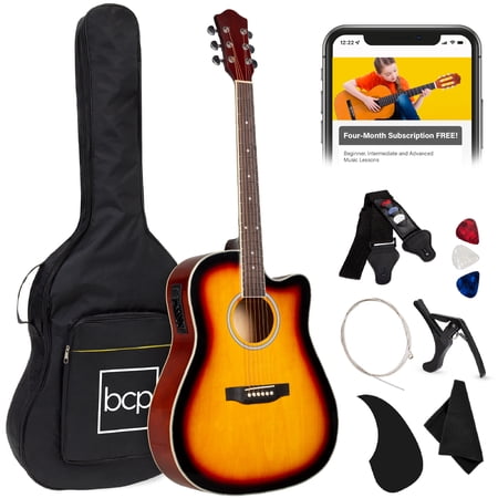 Best Choice Products Beginner Acoustic Electric Guitar Starter Set 41in w/ All Wood Cutaway Design, Case - Sunburst