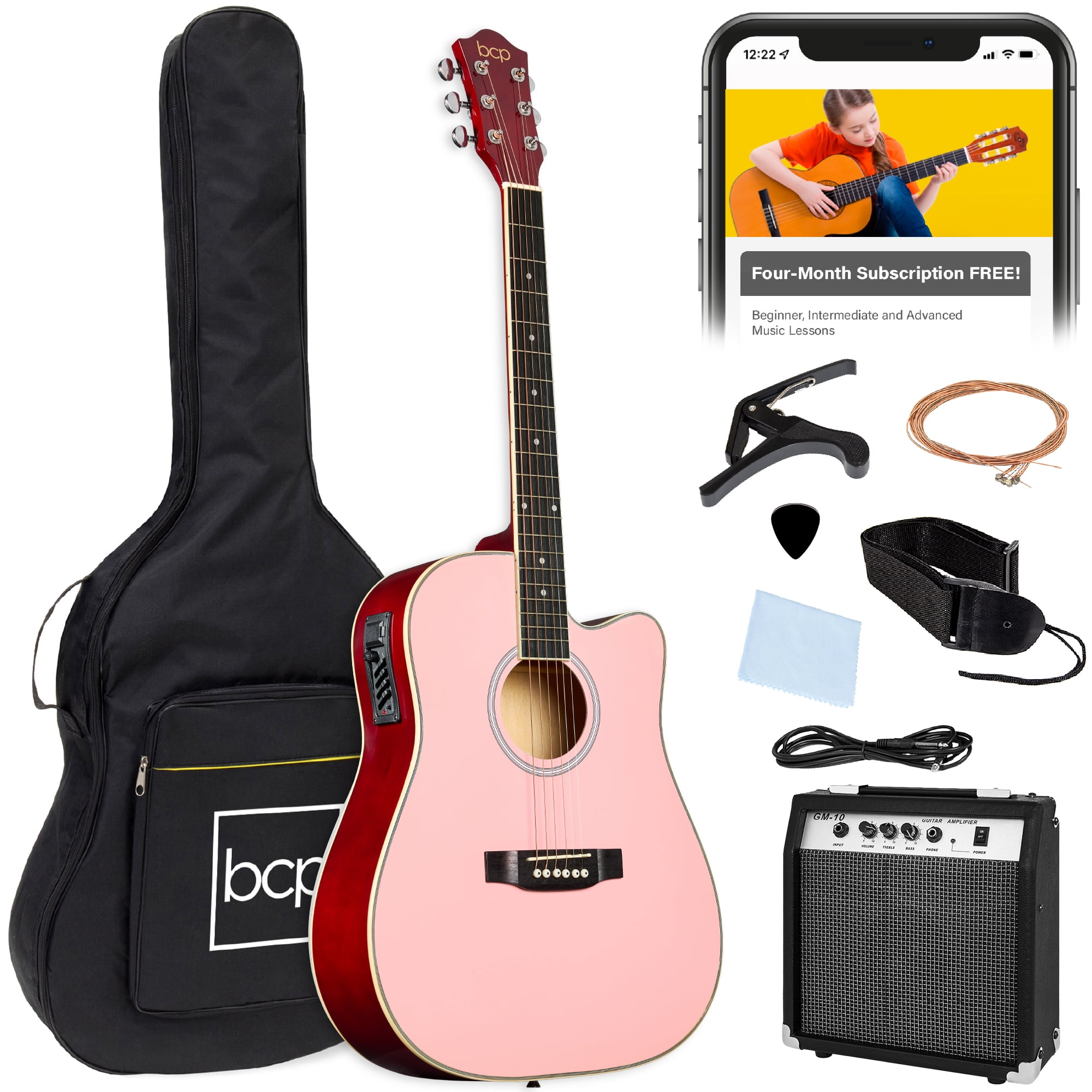 Best Choice Products Beginner Acoustic Electric Guitar Starter Set 41in w/ Wood Cutaway Design, Gig Bag - Pink