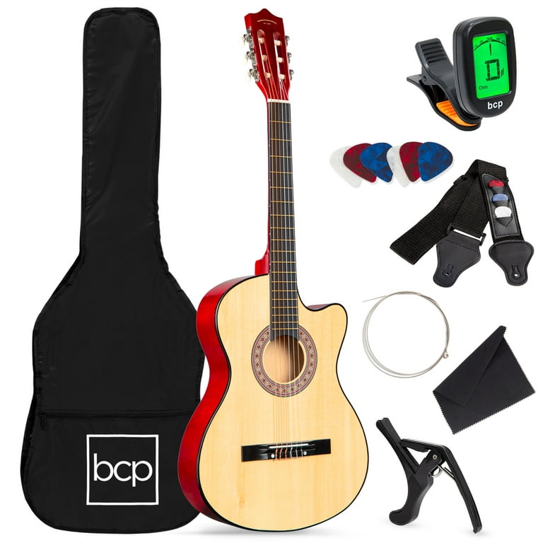 Best Choice Products Beginner Acoustic Guitar Set 38in w/ Case, All Wood Cutaway Strap, Tuner - Natural - Walmart.com