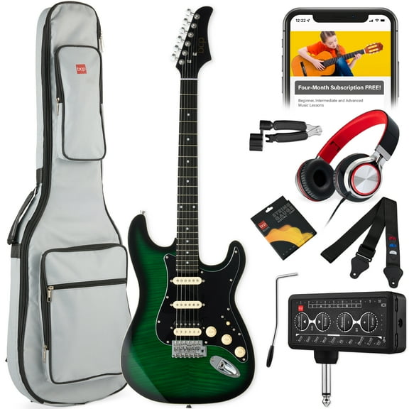 Best Choice Products Beginner HSS Electric Guitar Kit w/ Headphone Amp, Gig-Bag, Headphones - Green Flametop/Black