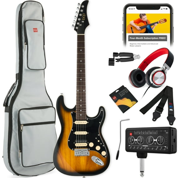 Best Choice Products Beginner HSS Electric Guitar Kit w/ Headphone Amp, Gig-Bag, Headphones - Sunburst/Black
