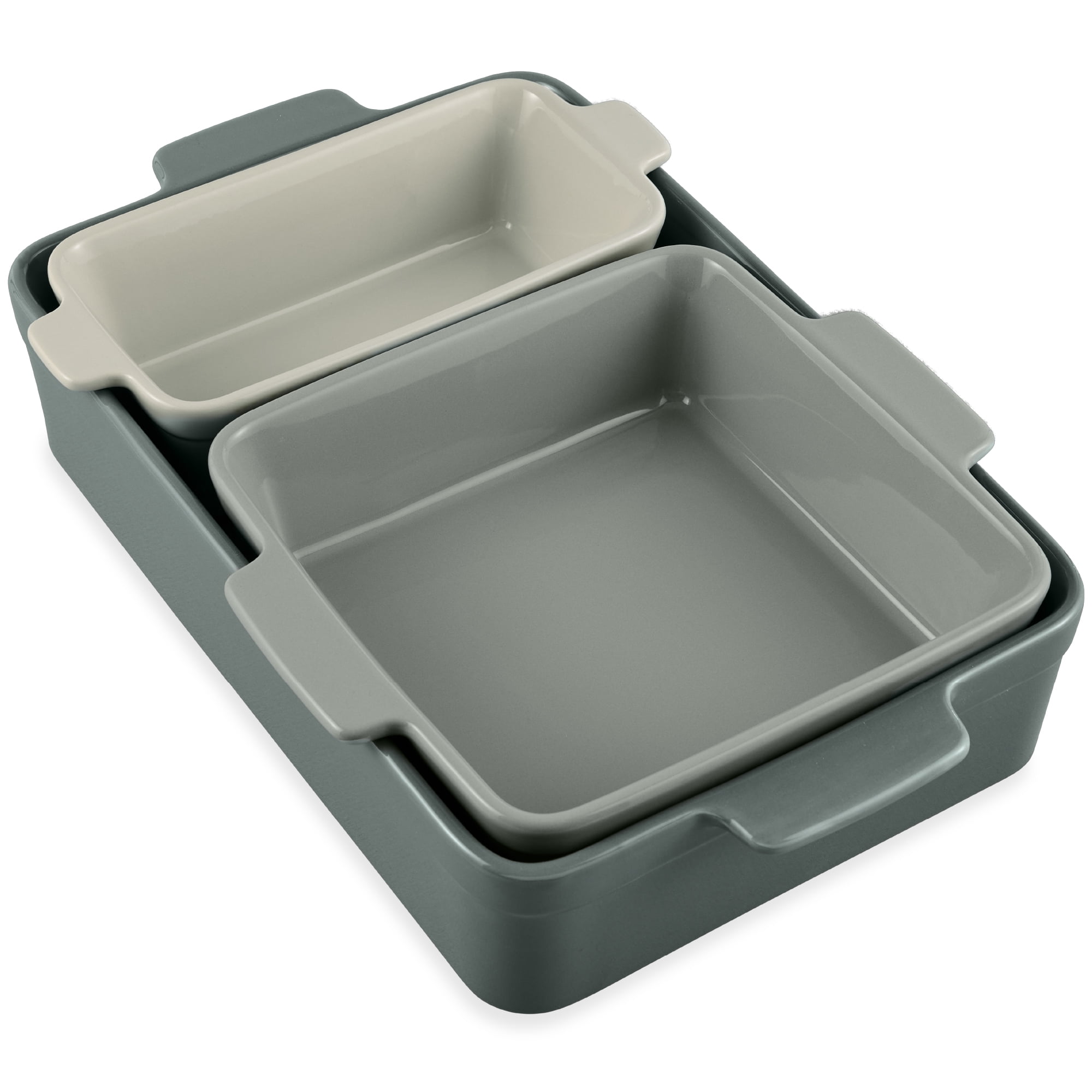 French Gray Ceramic 3-Piece Bakeware Set with Handles