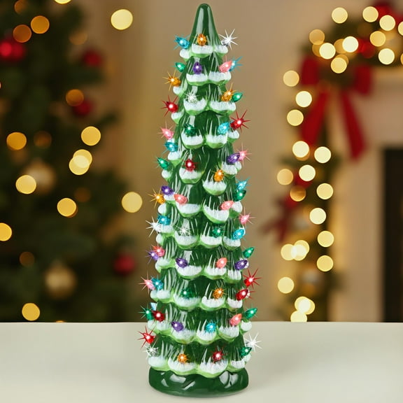 Best Choice Products Ceramic Christmas Tree, 18in Hand-Painted Holiday Decor w/Multicolor LED Lights  Frosted Green