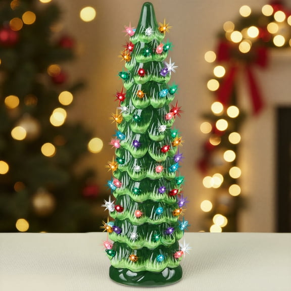 Best Choice Products Ceramic Christmas Tree, 18in Hand-Painted Holiday Decor w/Multicolor LED Lights  Green
