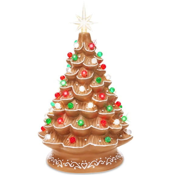 Best Choice Products Ceramic Christmas Tree Pre-lit Hand-Painted Tabletop Holiday Tree, Gingerbread Red/White/Grn Lights