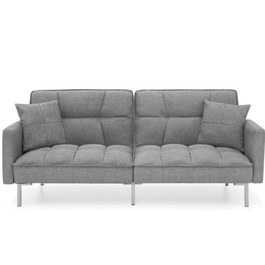 Best Choice Products Convertible Living Room Linen Fabric Tufted Split-Back Futon Sofa w/ 2 Pillows - Dark Gray