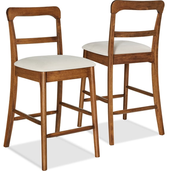 Best Choice Products Counter-Height Farmhouse Stools, Solid Wood w/ Cushion & Backrest, Set of 2 - Chestnut/Cream