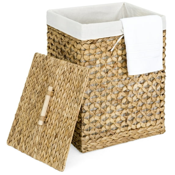 Best Choice Products Decorative Woven Water Hyacinth Wicker Laundry Clothes Hamper Basket w/ Liner, Lid - Natural