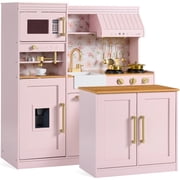 Best Choice Products Deluxe Wooden Pretend Play Kitchen with Island and Espresso Machine - Pink