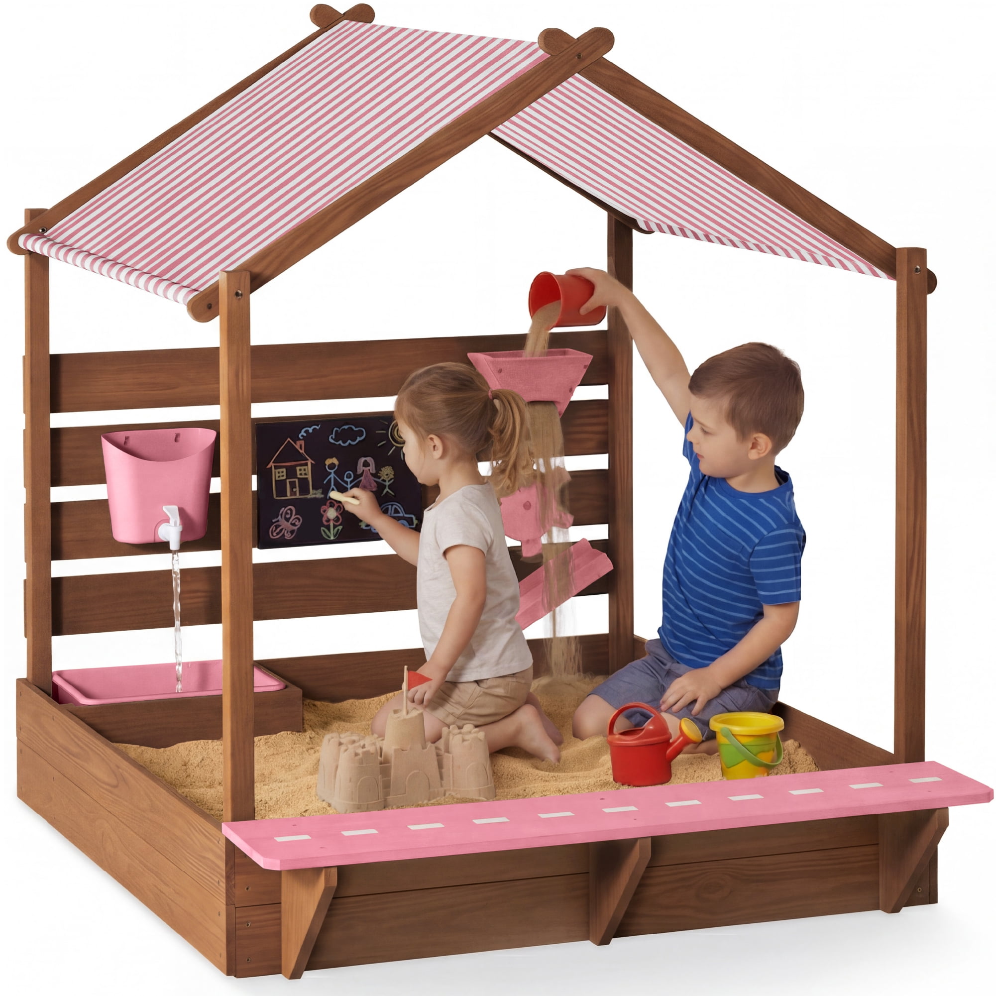 Best Choice Products Deluxe Wooden Sandbox with Canopy, Water Table, Bench Seat, Outdoor Kids Playset - Pink