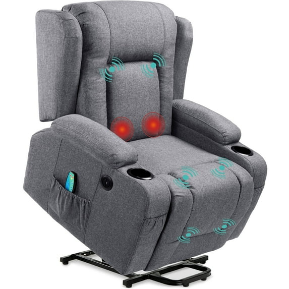 Best Choice Products Electric Power Lift Linen Recliner Massage Chair Furniture w/ USB Port, Heat, Cupholders - Gray