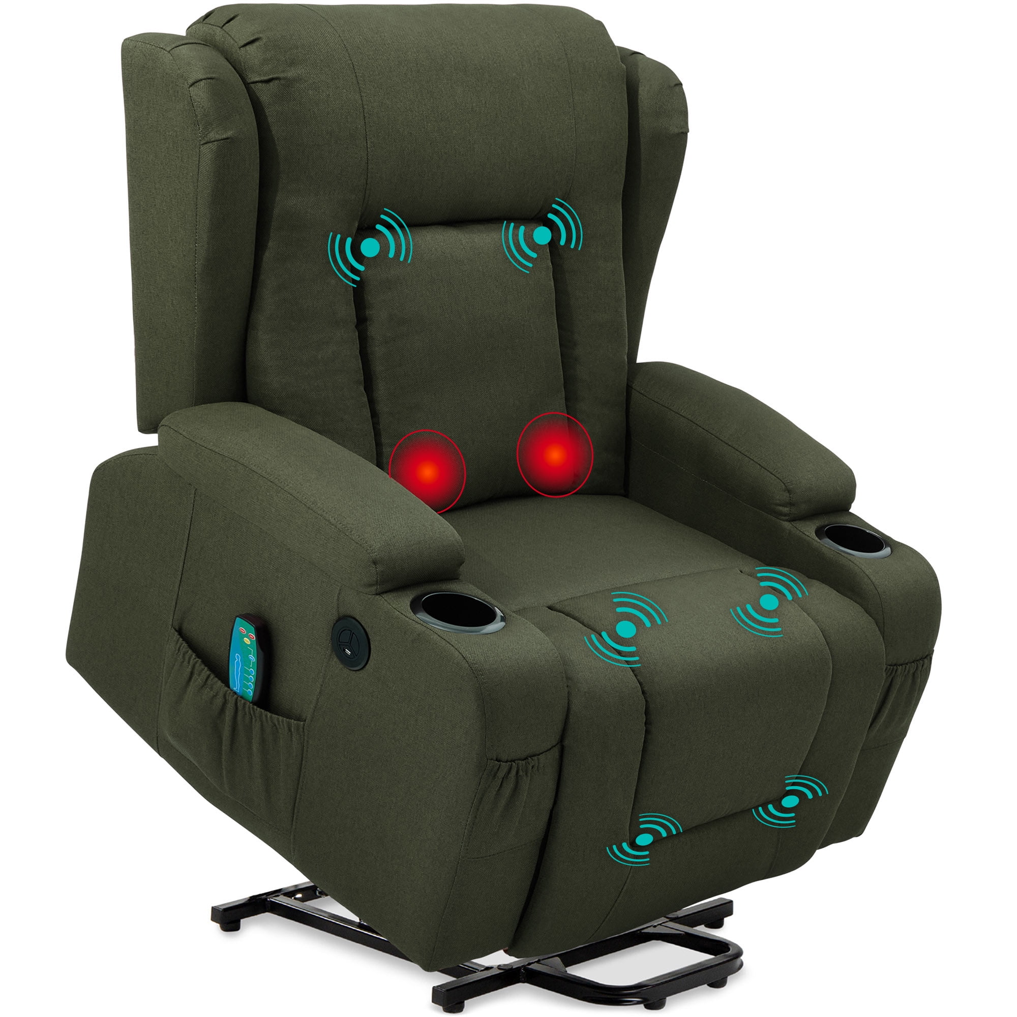 Best Choice Products Electric Power Lift Linen Recliner Massage Chair Furniture w/ USB Port, Heat, Cupholders - Olive