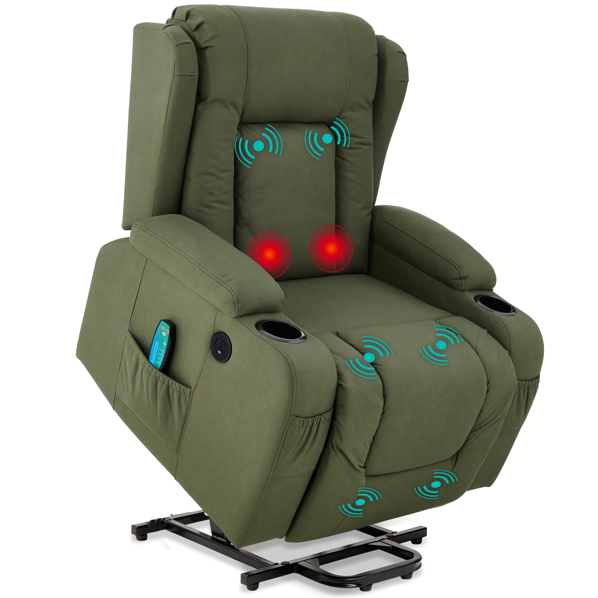 Olive Faux Leather Swivel Recliner with Massage and Cup Holders