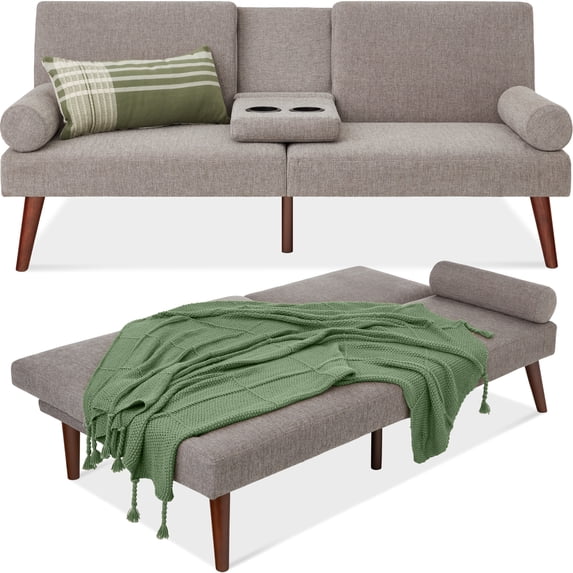 Best Choice Products Fabric Upholstered Convertible Futon w/ Rounded Armrests, Wooden Legs, 2 Cupholders - Gray
