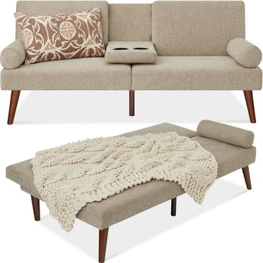 Best Choice Products Fabric Upholstered Convertible Futon w/ Rounded Armrests, Wooden Legs, 2 Cupholders - Sand