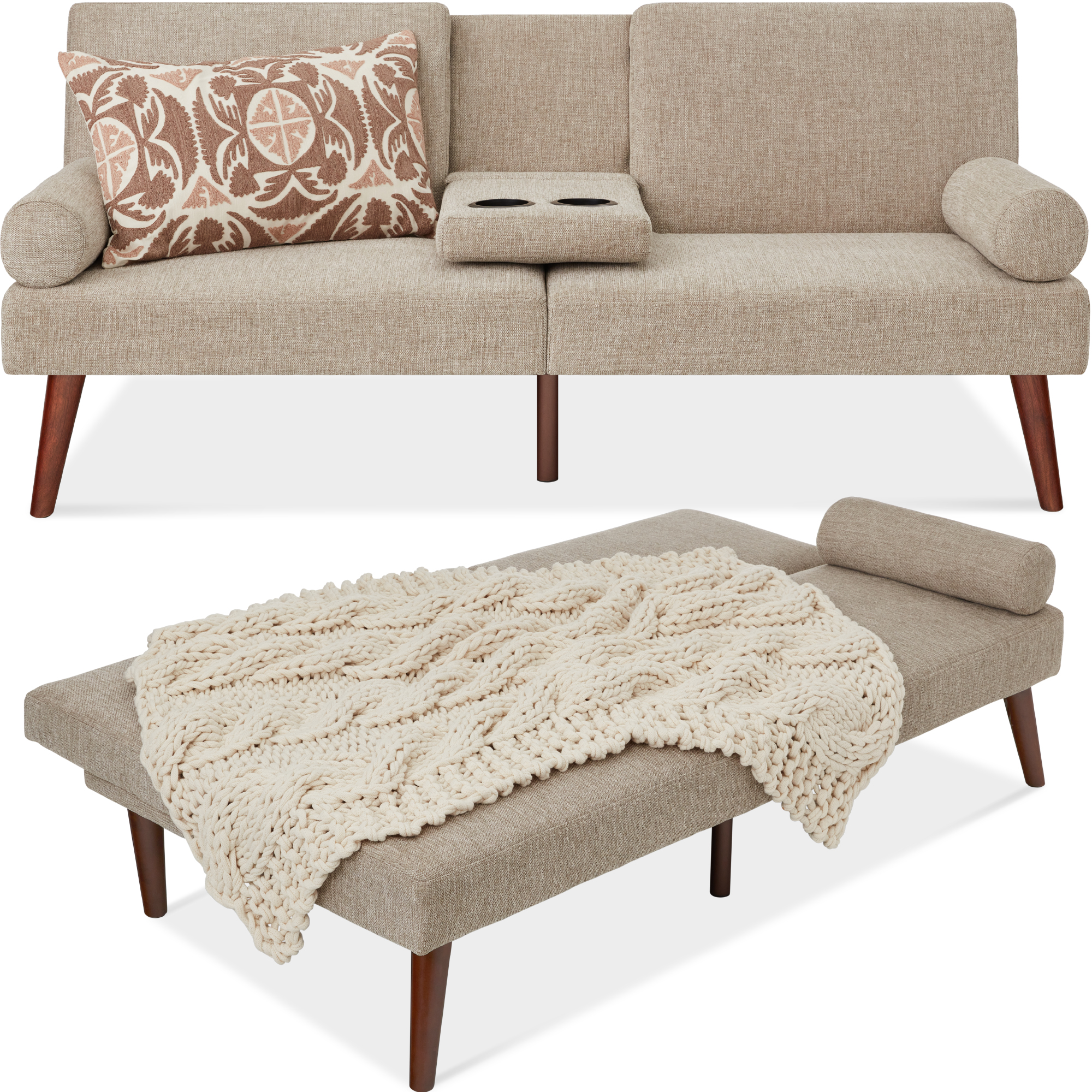 Best Choice Products Linen Convertible Futon w/ Armrests, Wooden Legs ...