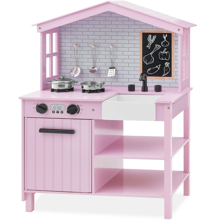 Best Choice Products Wooden Farmhouse Play Kitchen Set for Kids with Chalkboard Storage 5 Accessories Pink Walmart