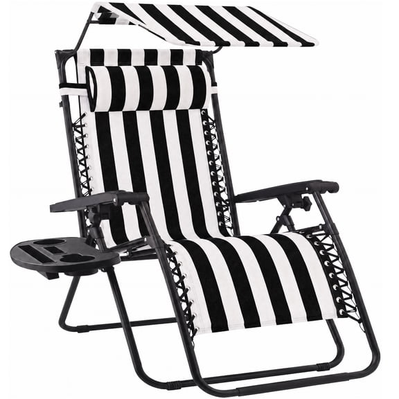 Best Choice Products Folding Zero Gravity Recliner Patio Lounge Chair w/ Canopy Shade - Black Stripes