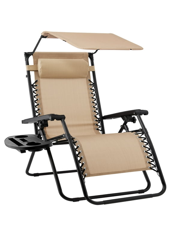 Best Choice Products Folding Zero Gravity Recliner Patio Lounge Chair w/ Canopy Shade, Headrest, Side Tray - Beige