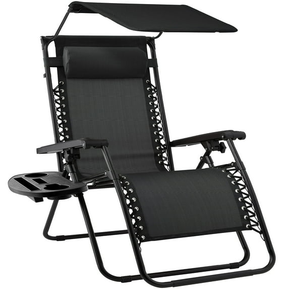 Best Choice Products Folding Zero Gravity Recliner Patio Lounge Chair w/ Canopy Shade, Headrest, Tray - Black