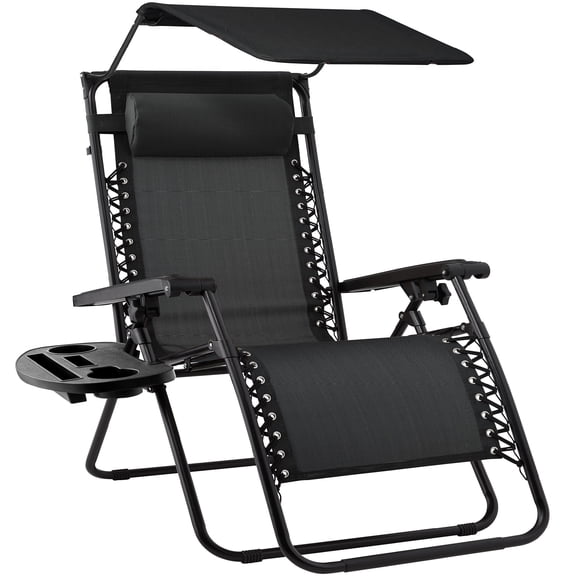 Best Choice Products Folding Zero Gravity Recliner Patio Lounge Chair w/ Canopy Shade, Headrest, Tray - Black
