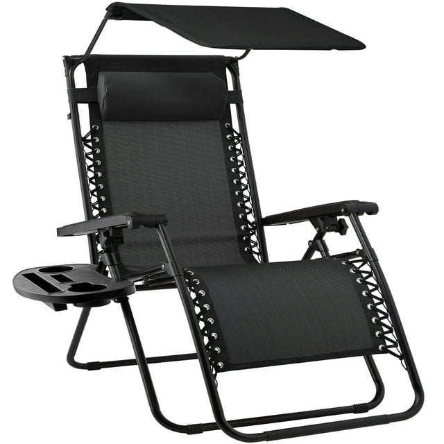 Best Choice Products Folding Zero Gravity Recliner Patio Lounge Chair w/ Canopy Shade, Headrest, Side Tray - Black