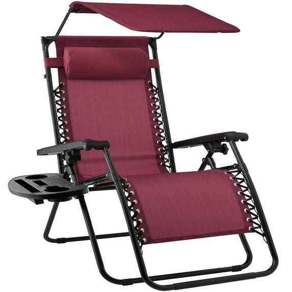 Best Choice Products Folding Zero Gravity Recliner Patio Lounge Chair w/ Canopy Shade, Headrest, Tray - Burgundy