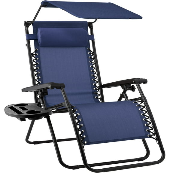 Best Choice Products Folding Zero Gravity Recliner Patio Lounge Chair w/ Canopy Shade, Headrest, Tray - Navy Blue