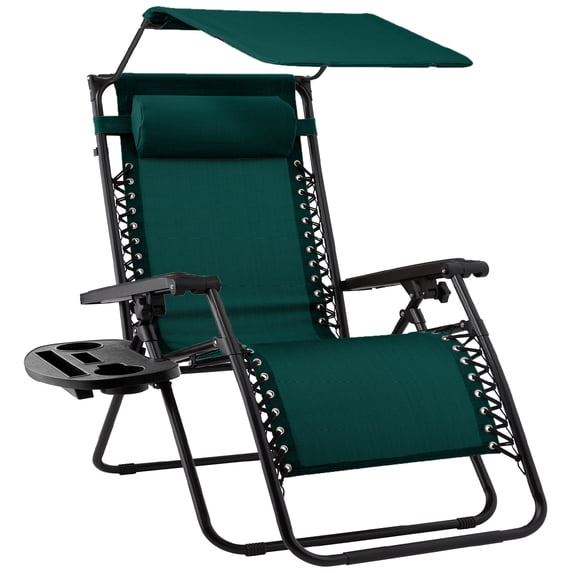 Best Choice Products Folding Zero Gravity Recliner Patio Lounge Chair w/ Canopy Shade, Headrest, Tray - Forest Green