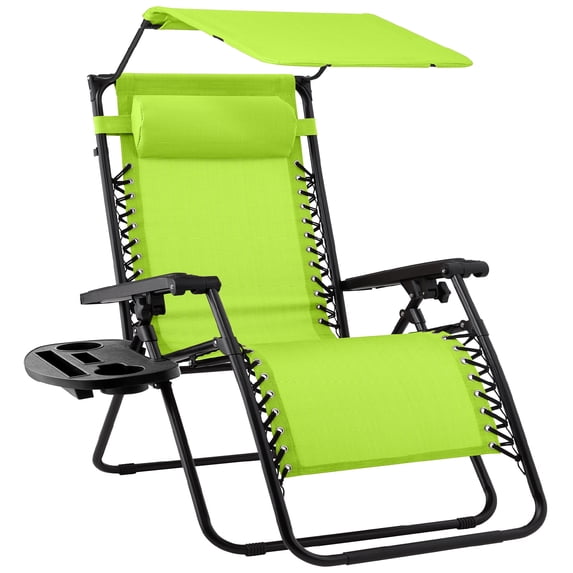 Best Choice Products Folding Zero Gravity Recliner Patio Lounge Chair w/ Canopy Shade, Headrest, Tray - Lime Green