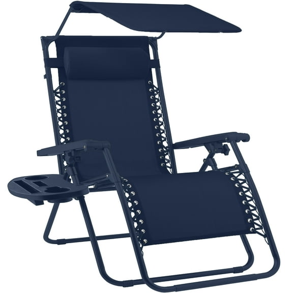 Best Choice Products Folding Zero Gravity Recliner Patio Lounge Chair w/ Canopy Shade, Headrest, Tray - Navy