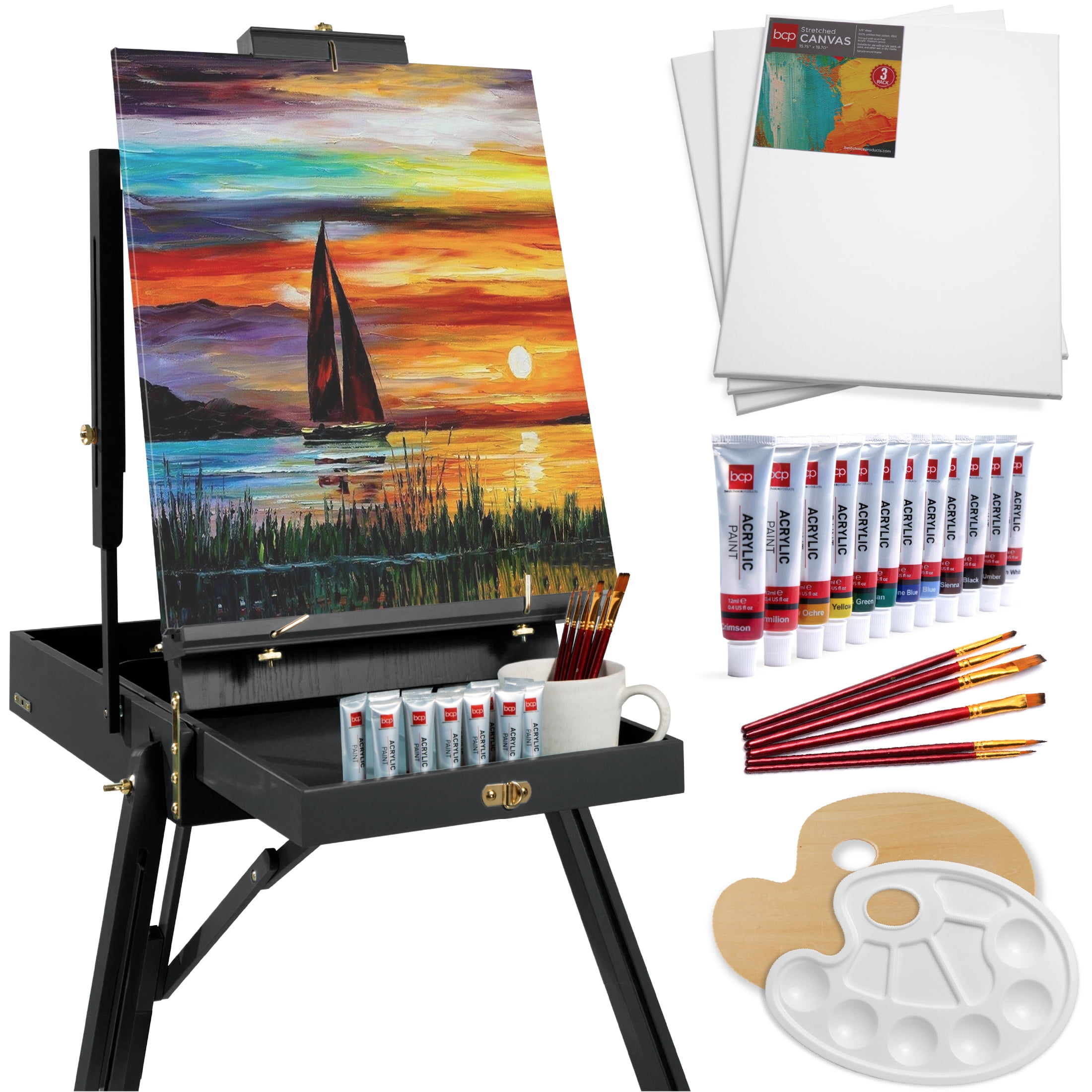 Black Adjustable Pine Wood French Easel with Paint Supplies