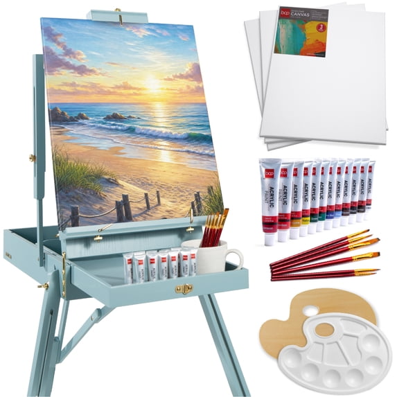 Best Choice Products Art Easel for Painting, Portable Adjustable Tripod with 32-Piece Art Set - Blue