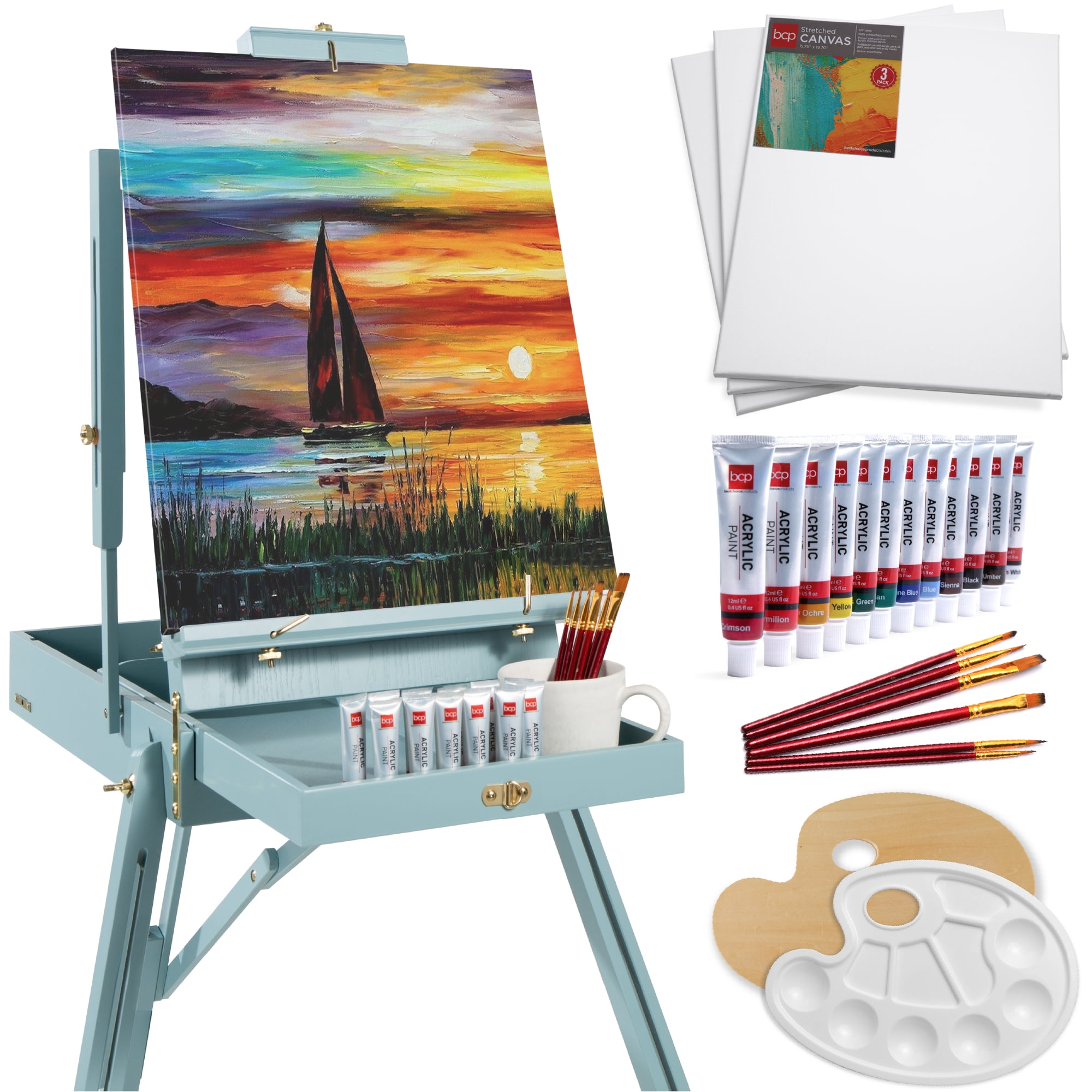 Best Choice Products Art Easel for Painting, Portable Adjustable Tripod with 32-Piece Art Set - Blue
