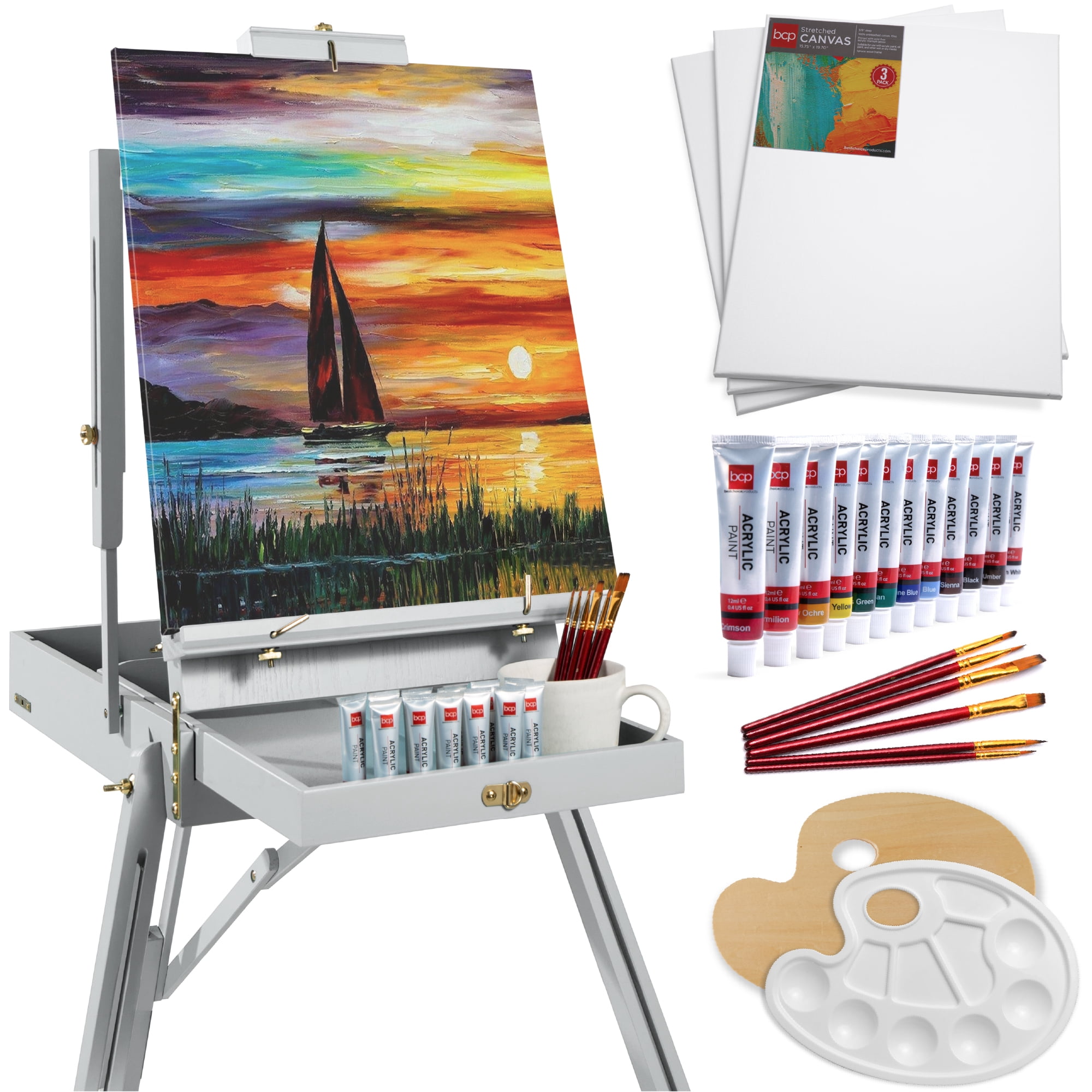 Best Choice Products Art Easel for Painting, Portable Adjustable Tripod with 32-Piece Art Set - Gray