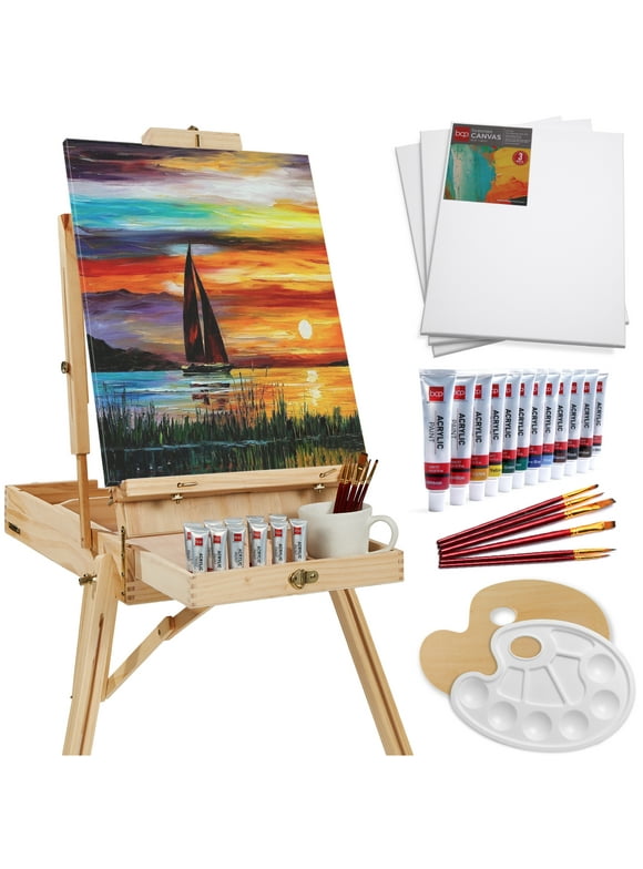 Best Choice Products French Easel, 32pc Beginners Kit Portable Wooden Adjustable Tripod  w/ Paint Supplies - Natural