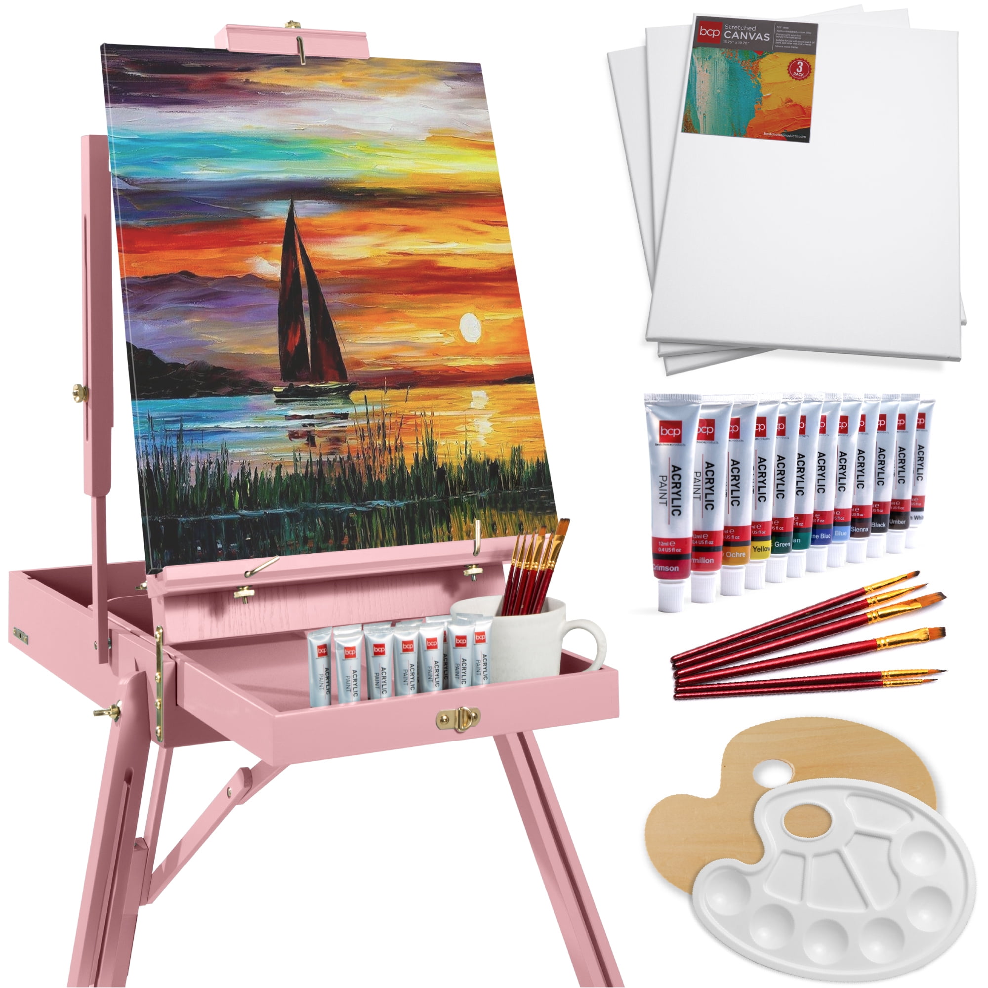 Best Choice Products Art Easel for Painting, Portable Adjustable Tripod with 32-Piece Art Set - Pink