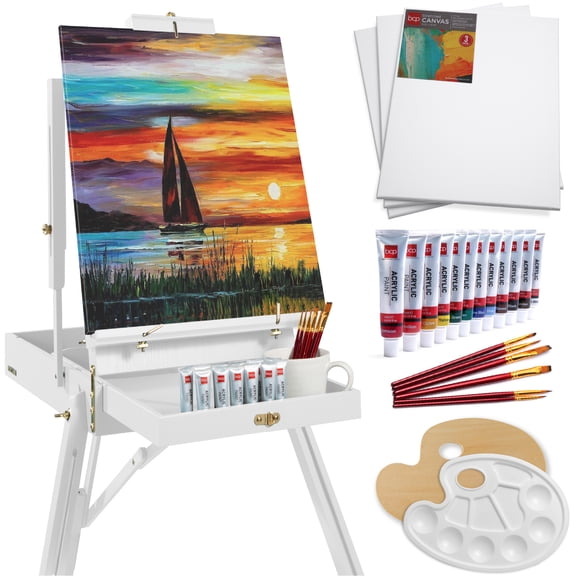 Best Choice Products Art Easel for Painting, Portable Adjustable Tripod with 32-Piece Art Set - White